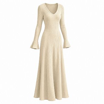 Women V Neck Knit Long Sleeve A Line Maxi Dress Fall Winter Staple