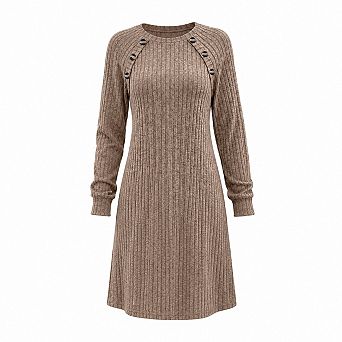 Long Sleeve Ribbed Knit Fall Dress With Hidden Pockets Loose Fit
