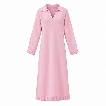 Women's Long Sleeve V Neck Lapel Midi Knit Casual Dress