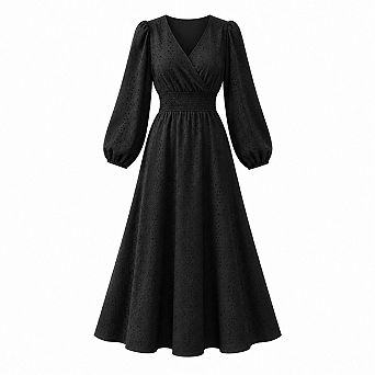 Womens Fall Midi Swiss Dot V Neck Long Puff Sleeve Flowy Dress