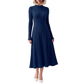 Womens Fall Ribbed Knit Mock Neck Long Sleeve Midi Dress