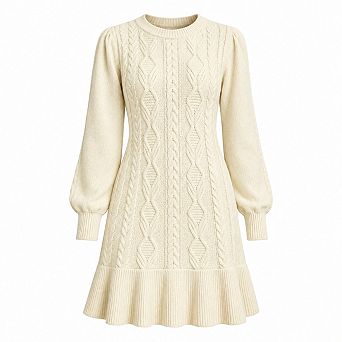 Women Cable Knit Puff Sleeve A Line Mini Sweater Dress