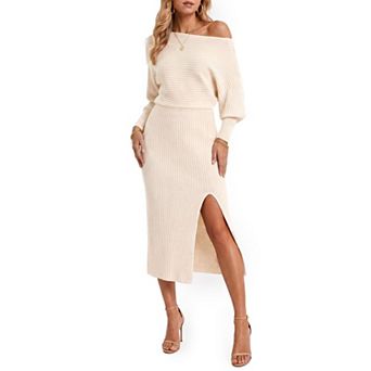 Womens Off Shoulder Ribbed Knit Midi Dress Side Slit Fall Winter
