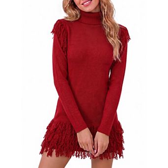 Womens Fringe Turtleneck Knit Sweater Dress Fall Winter