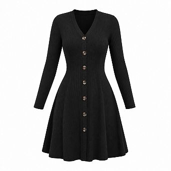 Womens V Neck Ribbed Knit A Line Mini Dress Button Closure Warm Lightweight