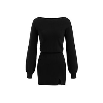 Women's Boat Neck Long Sleeve Knit Bodycon Mini Sweater Dress