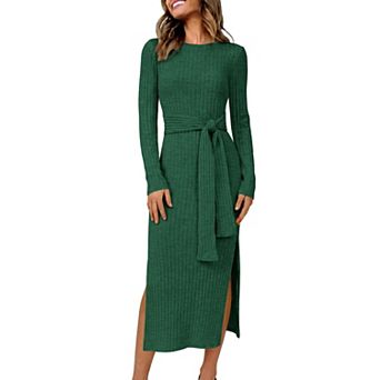 Womens Long Sleeve Ribbed Midi Bodycon Dress Front Tie Side Slit Fall Wear