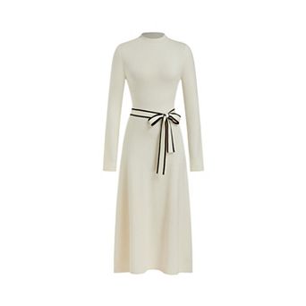Women's Turtleneck Tie Waist Maxi Work Dress Long Sleeve Warm Knit