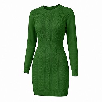 Women Cable Knit Long Sleeve Crewneck Bodycon Mini Sweater Dress
