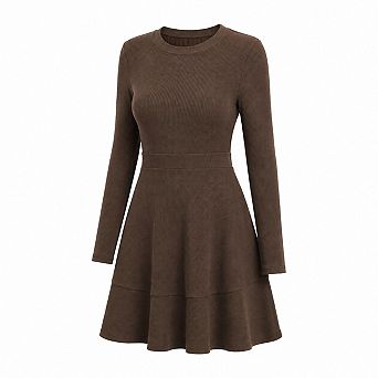 Women's Long Sleeve Ribbed Knit A-Line Mini Dress With Pockets Stretch Warm