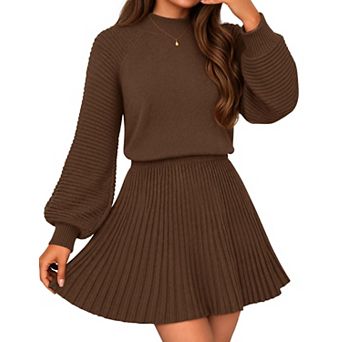 Womens 2 pc Long Sleeve Mock Neck Pleated A-Line Mini Skirt Set