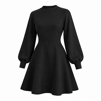 Womens Fall Mock Neck Long Lantern Sleeve Knit Mini Dress