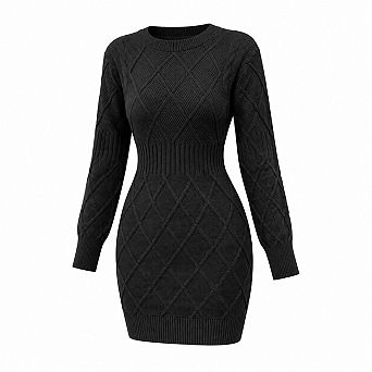 Womens Cable Knit Crewneck Long Sleeve Bodycon Mini Sweater Dress