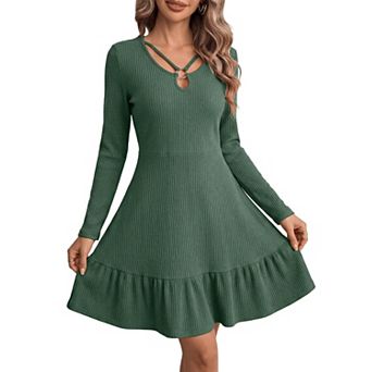 Women Long Sleeve Halter Neck Fit And Flare Ruffle Mini Dress