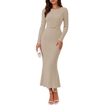 Women's Long Sleeve Ribbed Knit Bodycon Belted Midi Maxi Dress