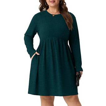 Plus Size Ribbed Long Sleeve Pocket A Line Dress