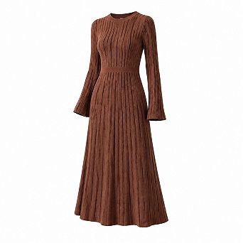 Womens Ribbed Knit Bell Sleeve A Line Midi Dress Crew Neck