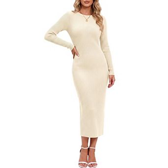 Long Sleeve Crew Neck Knit Bodycon Midi Dress Fall Winter Stretchy Slim Fit