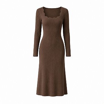 Long Sleeve Scalloped Square Neck Ribbed Knit Midi Bodycon Dress