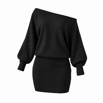 Womens Off Shoulder Lantern Sleeve Ribbed Knit Mini Bodycon Dress