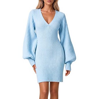 Women V Neck Puff Long Sleeve Knit Pullover Sweater Dress