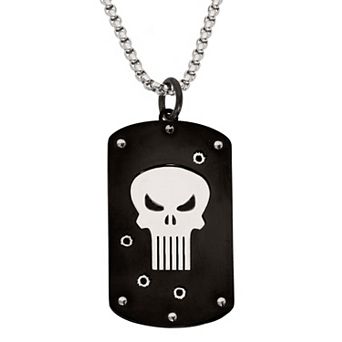 Marvel Comics Punisher Jewelry, Stainless Steel Logo Dog Tag Necklace, 22" Box Chain