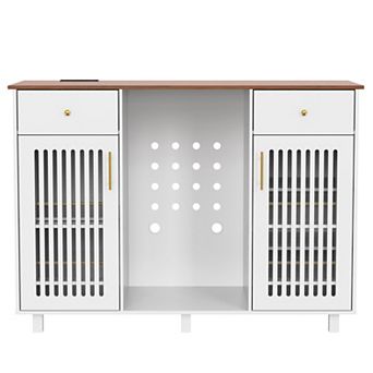 Whisen Mid-Century Modern Bar Cabinet with Fridge Space, Power Outlet & Drawers