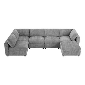 Whisen 6 Seat Modular Sectional Sofa, Convertible Sleeper Chenille Couch with Ottoman