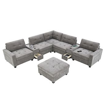 Whisen 104" L-Shaped Sectional Sofa Set with Movable Ottoman, Storage Consoles & Wireless Charging