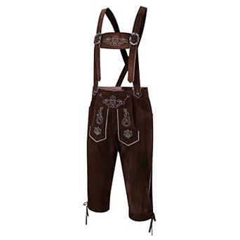 Mens Oktoberfest Bavarian Lederhosen Costume Suspender Shorts - Embroidered Classic Faux Leather Sue