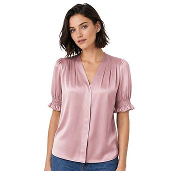 Artyska Women's Satin V-Neck Puff Sleeve Blouse