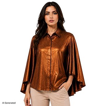 Artyska Women’s Metallic Jacquard Cape-Sleeve Button-Front Blouse