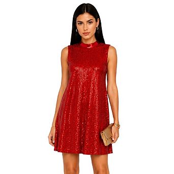 Artyska Womens Sleeveless Back Bow Satin Mock Neck Sequin Shift Mini Dress
