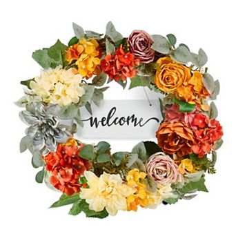 24‑Inch Artificial Fall Floral Wreath with Welcome Sign