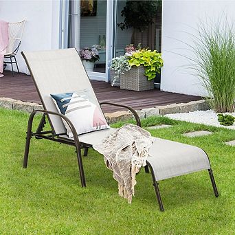 Adjustable Grey Patio Chaise Lounge Chair with Folding Backrest and Armrest