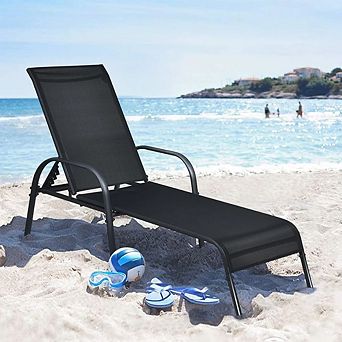 Adjustable Folding Patio Chaise Lounge Chair with Backrest and Armrest - Black