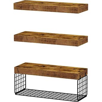 Farmhouse Floating Shelves Set of 3 15.7" Rustic Brown Wall Storage with Metal Basket