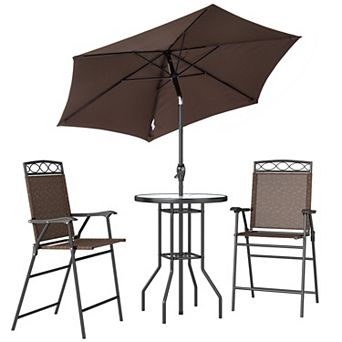 4 pc Outdoor Bar Set with Umbrella, Folding Chairs, Tempered Glass Table