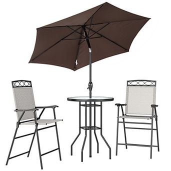 4 pc Outdoor Bar Set with Umbrella and Folding Chairs for Patio Garden