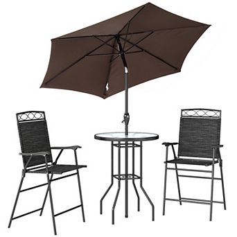 4 pc Outdoor Bar Set with Umbrella and Folding Chairs for Patio, Garden, Poolside