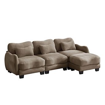 Homy Casa 3-Seat Chenille Sectional Sofa with Ottoman, Deep Seat Couch with 3 Lumbar Pillows