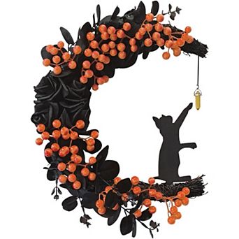 Aurora Ascent Halloween Wreath 1 Pack Black Cat Half Moon with Black Rose and Berry