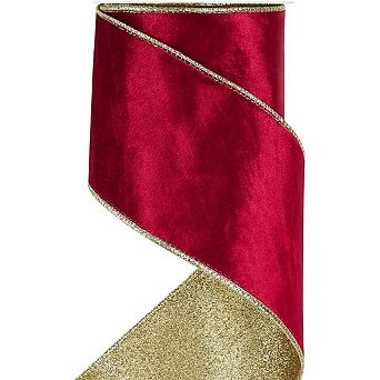 Fieldview 4 Inch Red Velvet Wired Christmas Ribbon 10 Yards Gold Glitter Backing for Tree Wreath