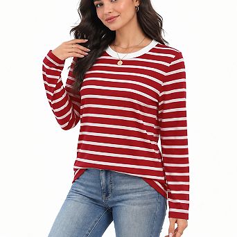 Womens Long Sleeve Ribbed Crewneck Tops Striped Color Block Fall Fashion Blouses