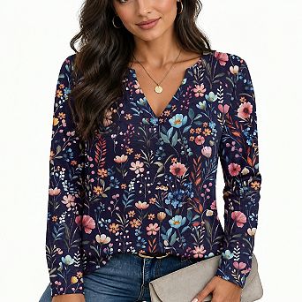 Womens V Neck Long Sleeve Tops Casual Loose Fit Tee Shirts