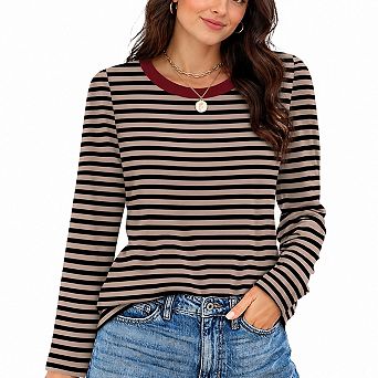 Womens Long Sleeve Ribbed Crewneck Tops Soft Casual Fashion Blouses
