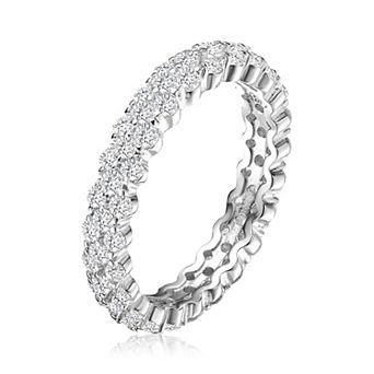 Sterling Silver White Gold Plated with Clear Round Cubic Zirconia Curved Eternity Ring