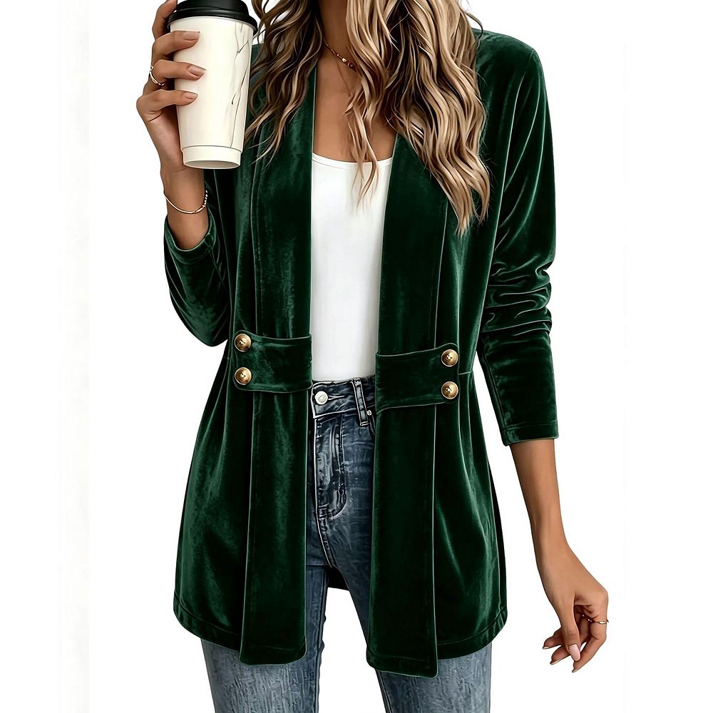 Women's Open Front Double-Breasted Velvet Blazer Long Sleeve Casual ...
