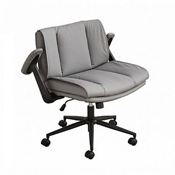 Cross Legged Office Chair with Flip-Up Armrests, Adjustable Swivel Leather Desk Chair with Wheels