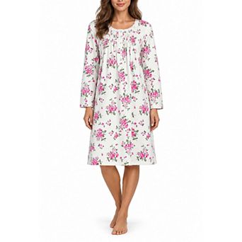 Women’s Floral Brushed Flannel Long Sleeves Nightgown with Pintuck Yoke Design